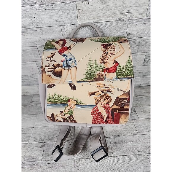 Vintage Pinup Girl Purse Y2K Jeweled Western Camping Fishing Glame Backpack 10" - Picture 1 of 12